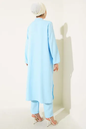 Long Tunic Two-Piece Set with Stone Detail on the Front Baby Blue