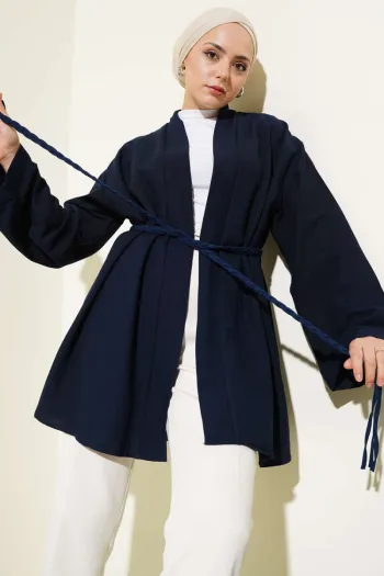 Knitted Belted Kimono Navy Blue