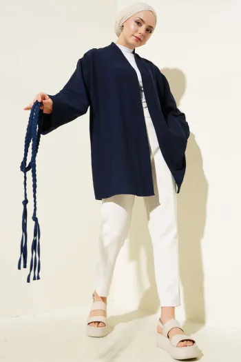Knitted Belted Kimono Navy Blue