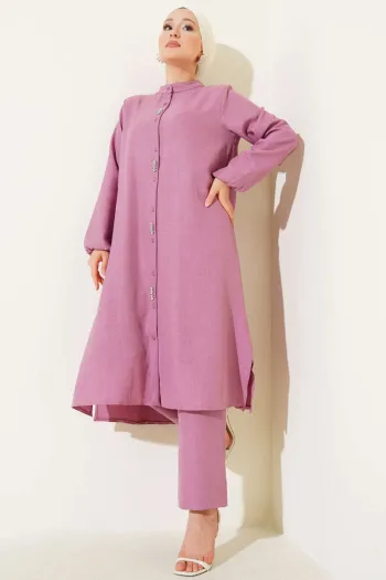 Long Tunic Two-Piece Set with Stone Detail on the Front Dusty Rose