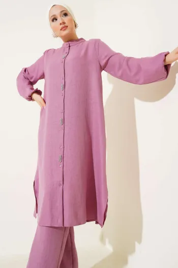 Long Tunic Two-Piece Set with Stone Detail on the Front Dusty Rose