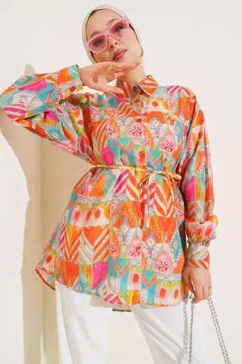 Mixed Pattern Shirt Orange with Stitched Yoke
