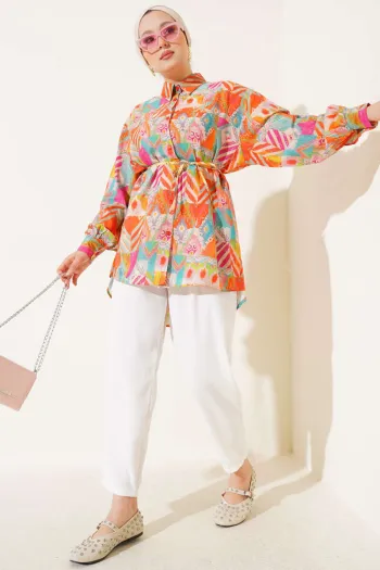 Mixed Pattern Shirt Orange with Stitched Yoke