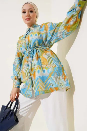 Mixed Pattern Shirt with Stitched Yoke Blue