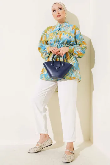Mixed Pattern Shirt with Stitched Yoke Blue