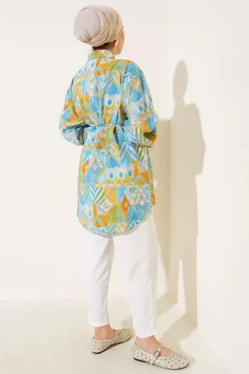 Mixed Pattern Shirt with Stitched Yoke Blue