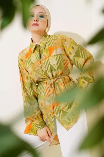 Mixed Pattern Shirt with Stitched Yoke Green