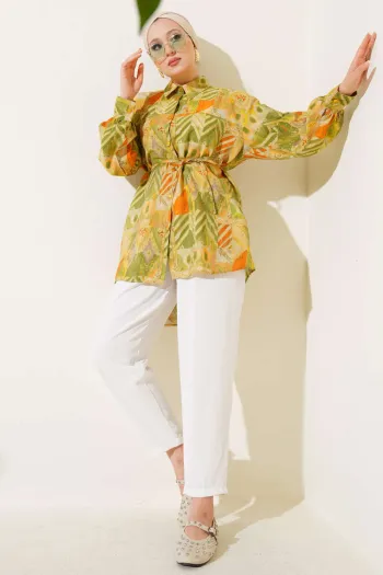 Mixed Pattern Shirt with Stitched Yoke Green