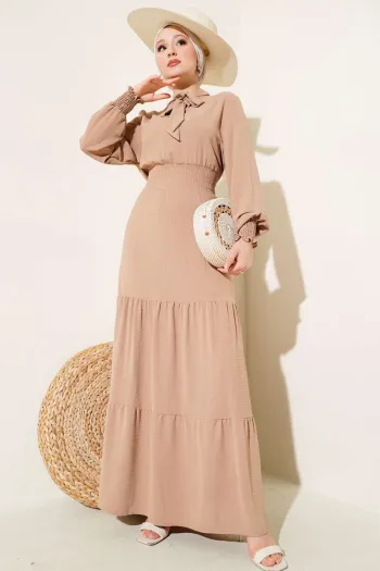 Elastic Dress with Front Tie Detail Latte
