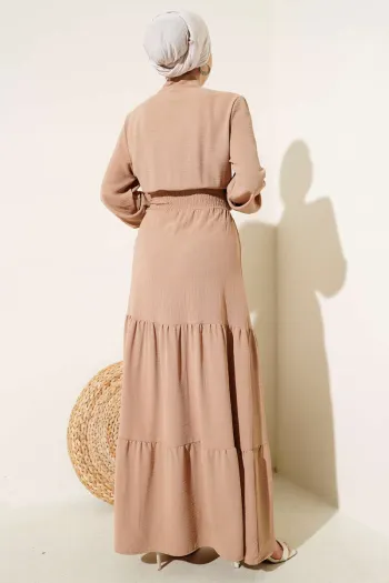Elastic Dress with Front Tie Detail Latte