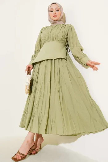 Piece Detailed Crinkle Dress, Almond Green