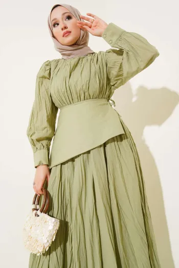 Piece Detailed Crinkle Dress, Almond Green