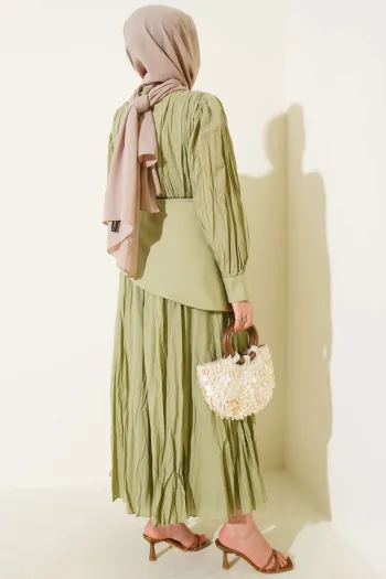 Piece Detailed Crinkle Dress, Almond Green