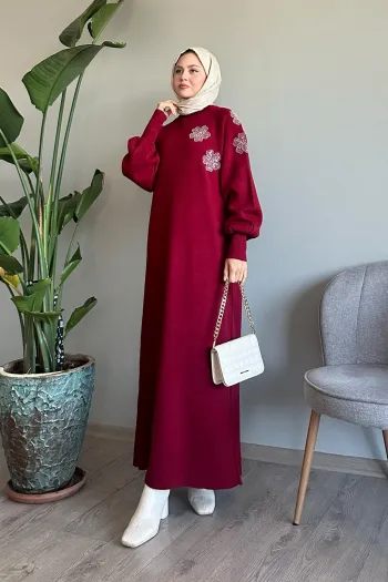 Red Knit Dress with Puffy Sleeves and Flower and Stone Print