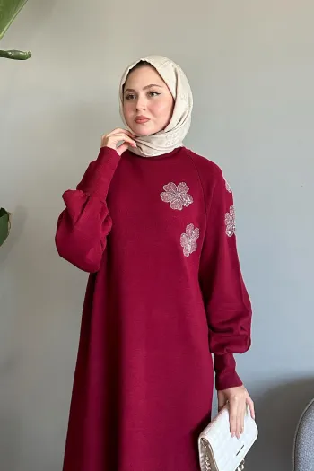 Red Knit Dress with Puffy Sleeves and Flower and Stone Print