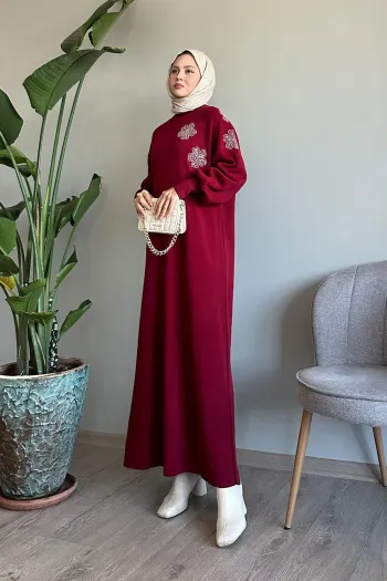 Red Knit Dress with Puffy Sleeves and Flower and Stone Print