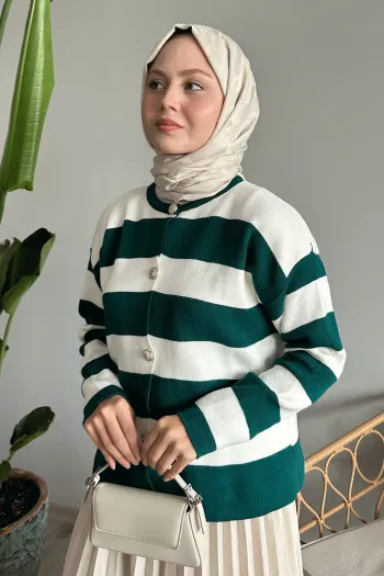 Emerald green knitted cardigan featuring golden buttons and stripes