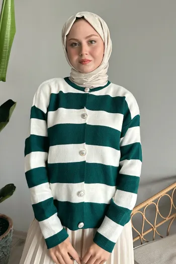 Emerald green knitted cardigan featuring golden buttons and stripes