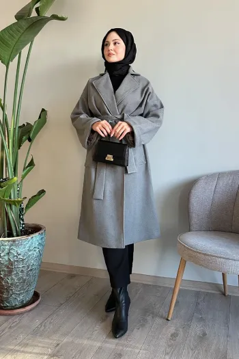 Wide Sleeve Double Breasted Grey Cashmere Coat