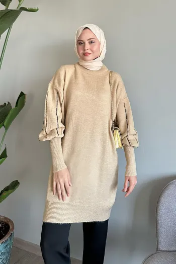 Beige Pearl Knit Sweater with Flared Sleeves