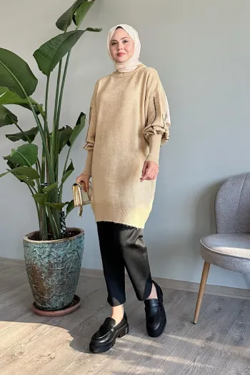 Beige Pearl Knit Sweater with Flared Sleeves