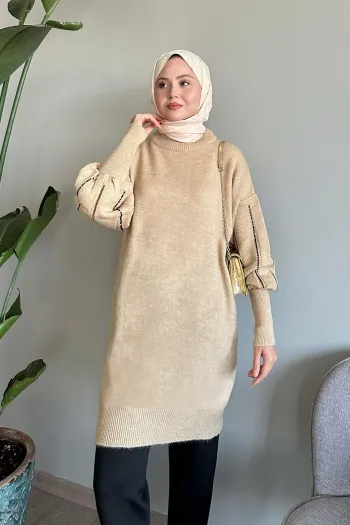 Beige Pearl Knit Sweater with Flared Sleeves