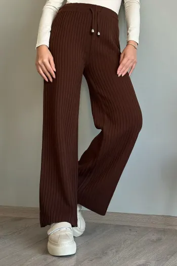 Brown Ribbed Knit Pants with Drawstring