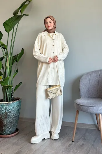 Three Piece Ecru Knit Set with Buttons