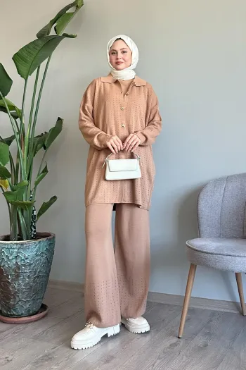 Three Piece Camel Knit Set with Buttons