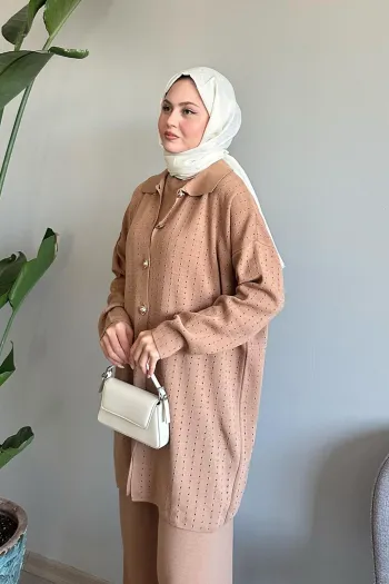 Three Piece Camel Knit Set with Buttons