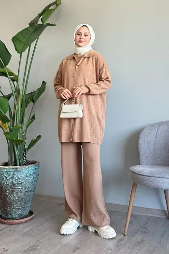 Three Piece Camel Knit Set with Buttons