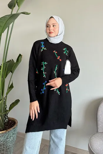 Black handmade knitted blouse embroidered with colorful flowers