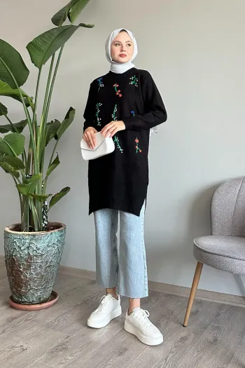 Black handmade knitted blouse embroidered with colorful flowers