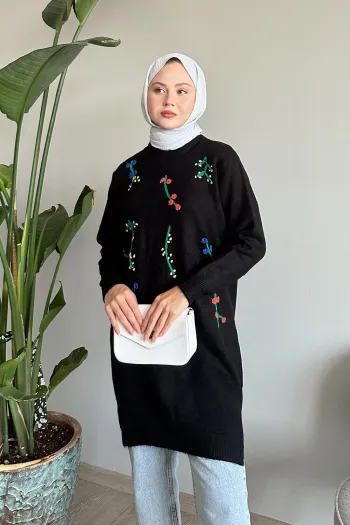 Black handmade knitted blouse embroidered with colorful flowers