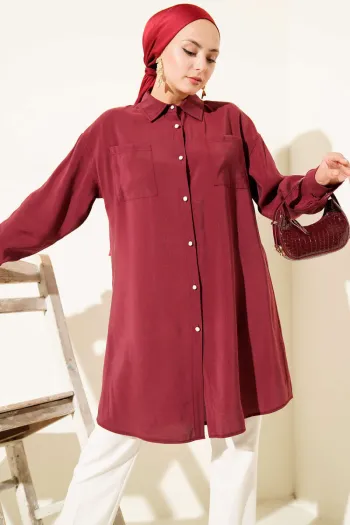 Burgundy Long Tunic with Stone Buttons