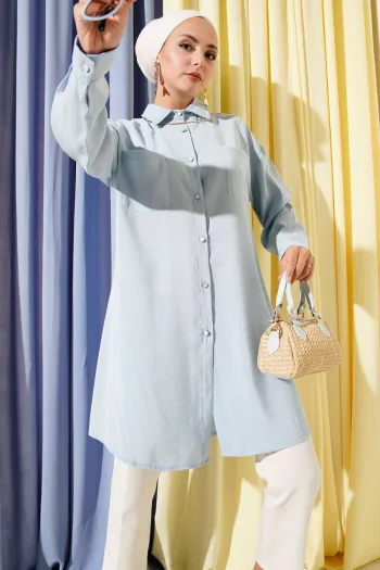 Stone Button Long Tunic Baby Blue