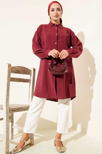 Burgundy Long Tunic with Stone Buttons