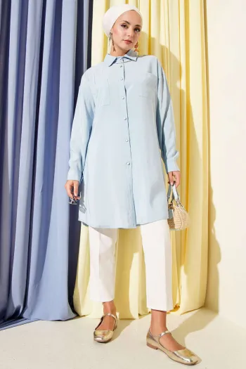 Stone Button Long Tunic Baby Blue