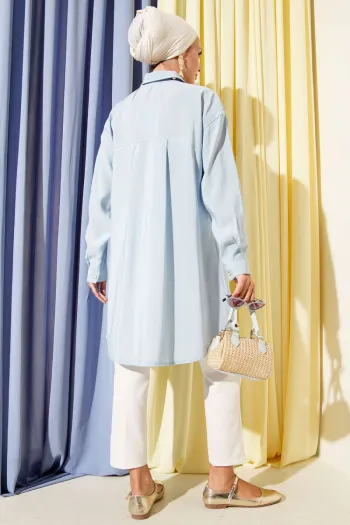 Stone Button Long Tunic Baby Blue