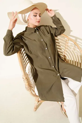 Stone Button Long Tunic in Olive Green