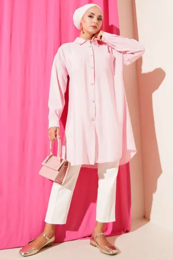 Stone Button Long Tunic Pink