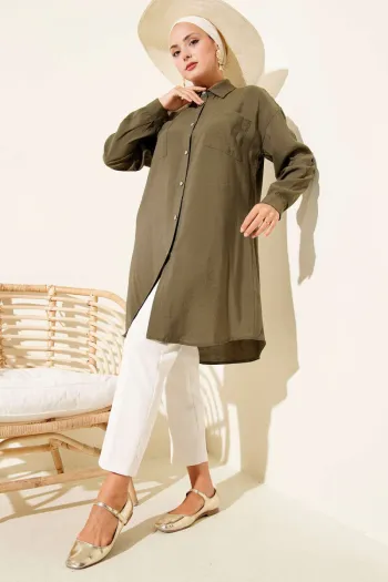 Stone Button Long Tunic in Olive Green