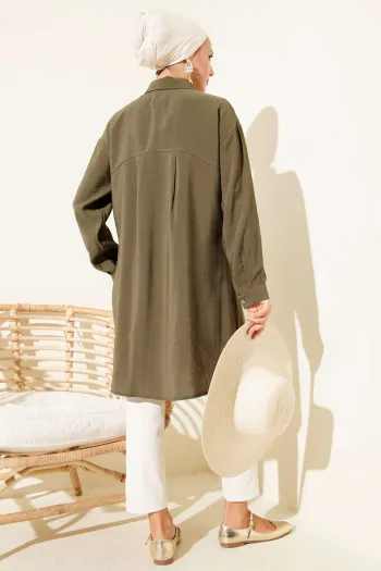 Stone Button Long Tunic in Olive Green