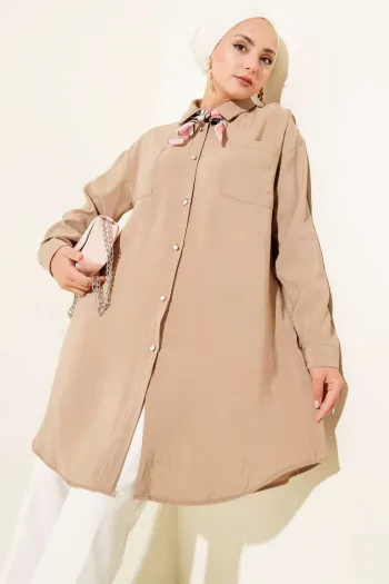 Stone Button Long Tunic Latte