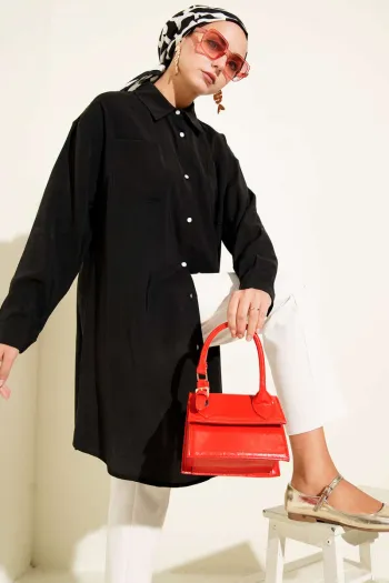 Black Long Tunic with Stone Buttons