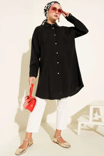 Black Long Tunic with Stone Buttons