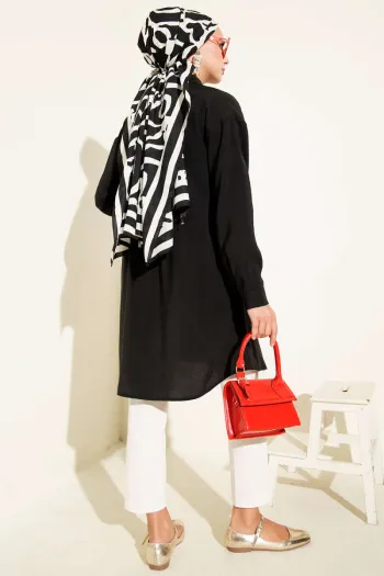 Black Long Tunic with Stone Buttons