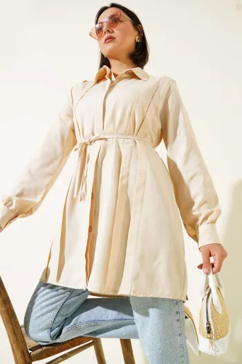 Beige Tunic with Belt and Front Pleats