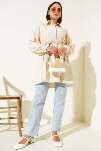 Beige Tunic with Belt and Front Pleats