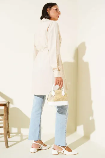 Beige Tunic with Belt and Front Pleats